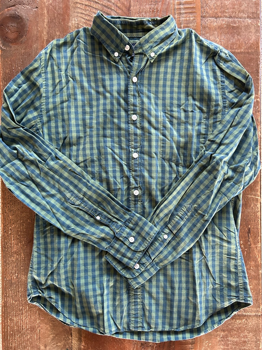 J Crew Men’s Green Navy Gingham Checked Long Sleeve Button Down Shirt Medium